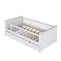 Wood Twin Size Platform Bed With Guardrail And Trundle, White Box Spring Not Required Twin White Wood Bed Frame Solid Wood Mdf