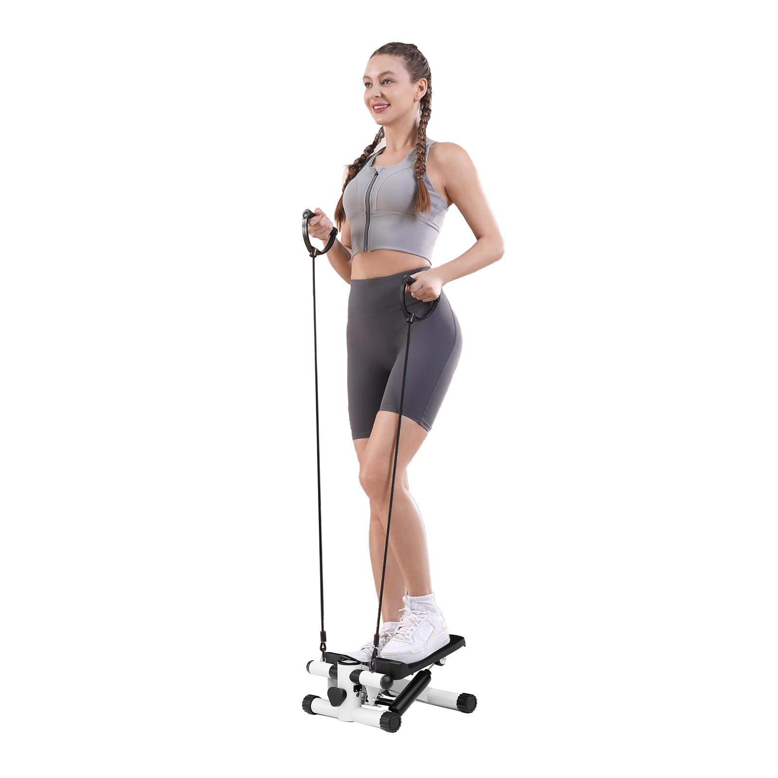 Mini Fitness Stepper, Hydraulic Fitness Stepper With Resistance Bands And Display, Silent Design, Weight Capacity 300Lbs, Portable Stepper For Total Body Workout,11.3"L X 12.6"W X 7.8"H,White White Abs Rubber Steel Q235