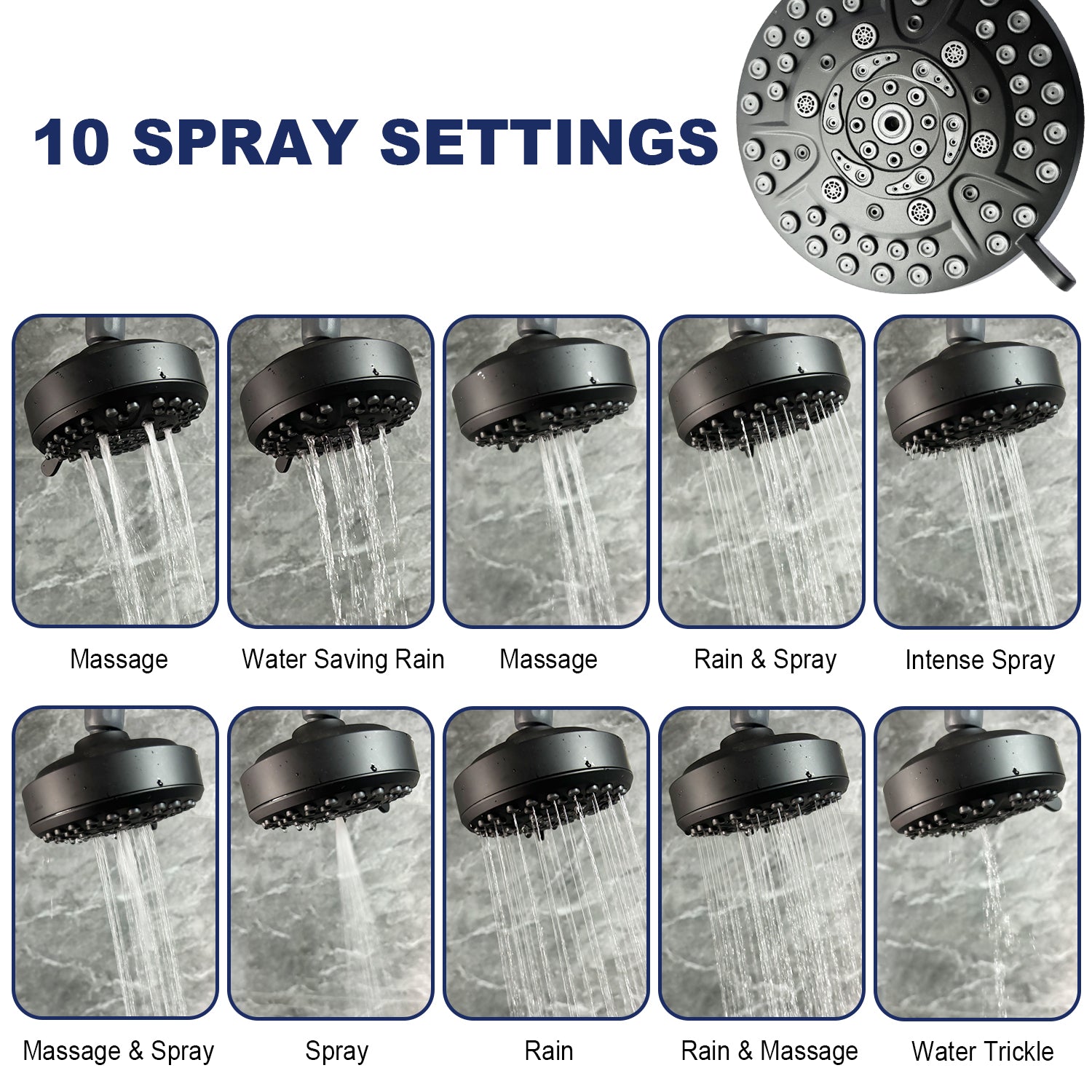 High Pressure Rain Shower Head With 10 Spray Modes, 4.7 Inch Fixed Bathroom Rainfall Showerhead With Adjustable Swivel Ball Joint, Bathroom Accessories Matte Black Abs