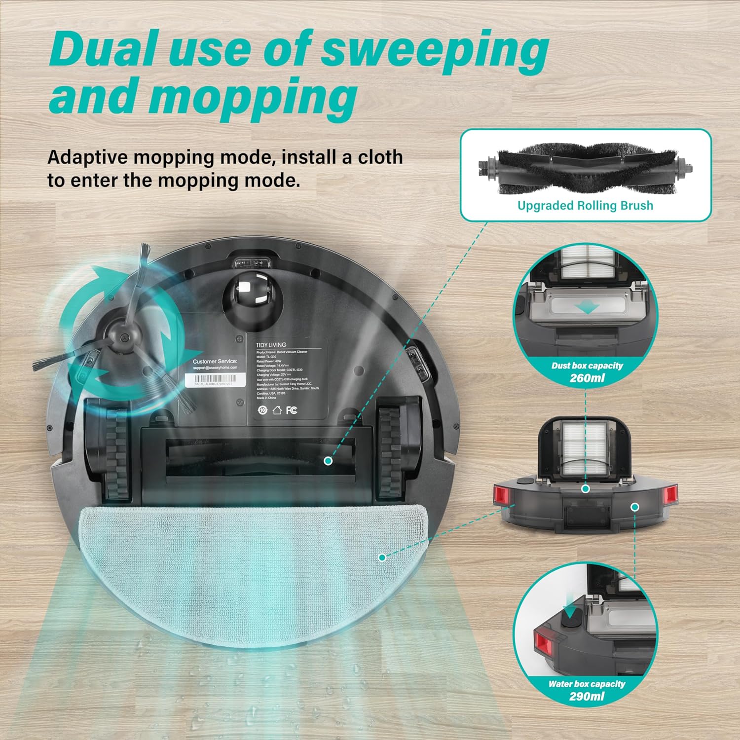 Robot Vacuum And Mop Combo, 4000Pa Automatic Vacuum Cleaner Robot With Watertank And Dustbin, Self Charging Smart Vacuum Robot Compatible With App, Perfect For Pet Hair, Hard Floor And Carpet Black