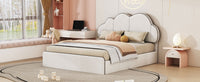 Queen Size Upholstered Platform Bed With Cloud Shaped Headboard, Beige Queen Beige Velvet