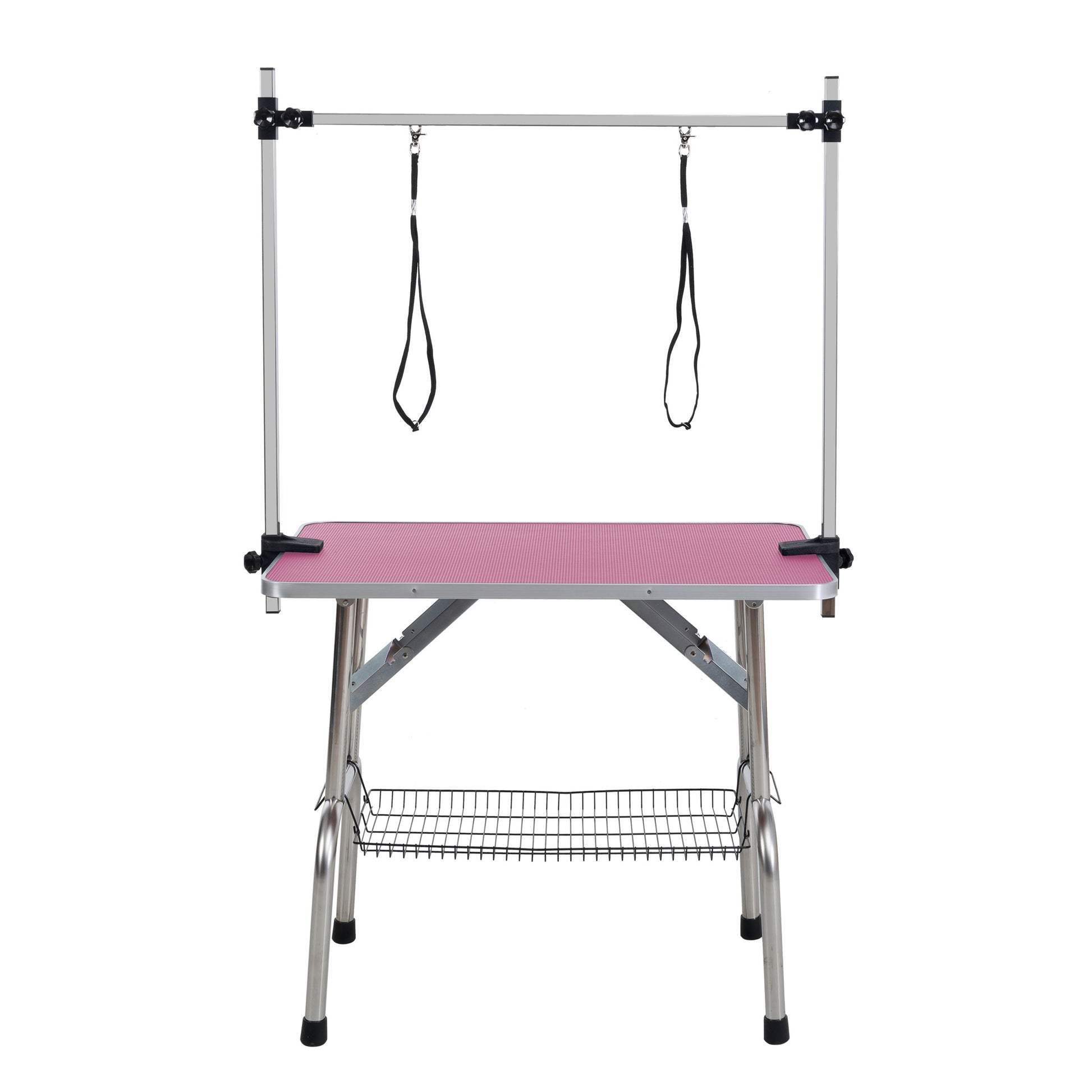 36" Folding Dog Pet Grooming Table Stainless Steel Frame Rubber Mat On Board With Adjustable Arm And Clamps Pet Dog Cat Grooming Table Pink Color Pink Rubber Stainless Steel
