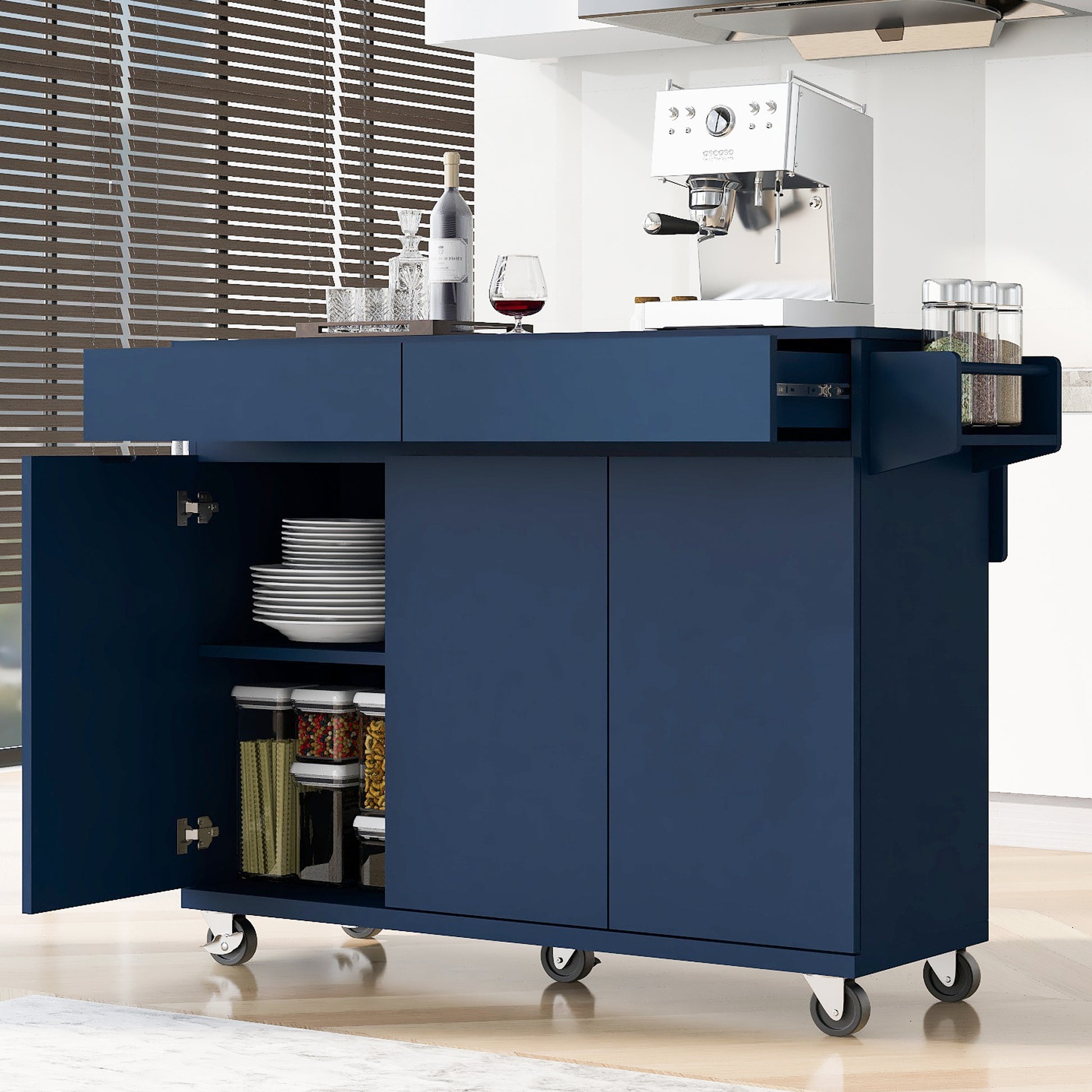 K&K 53.2'' Kitchen Island With Drop Leaf, Kitchen Storage Cart With Spice Rack, Towel Rack And 2 Drawers, Rolling Kitchen Island On Wheels With Adjustable Shelves For Kitchen, Dining Room, Navy Blue Navy Blue Brown Kitchen