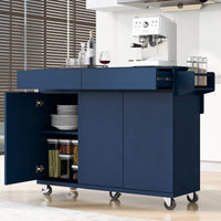 K&K 53.2'' Kitchen Island With Drop Leaf, Kitchen Storage Cart With Spice Rack, Towel Rack And 2 Drawers, Rolling Kitchen Island On Wheels With Adjustable Shelves For Kitchen, Dining Room, Navy Blue Navy Blue Brown Kitchen