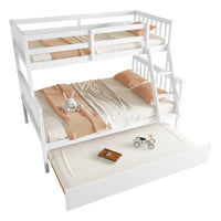 Twin Over Full Rubber Wood Bunk Bed With Trundle, Convertible Ladder And Guardrail, Detachable, Convertible Bed, With Twin Size Trundle ,White Twin White Rubber Wood