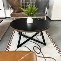 Round Coffee Table Wood Grain And Black Metal Black Brown Mdf Mdf Iron