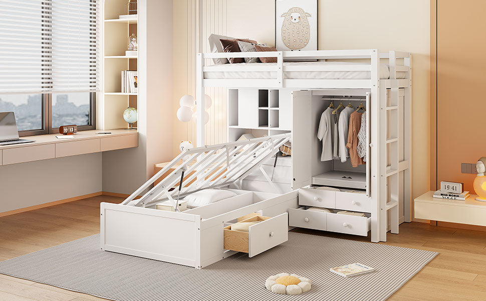 Twin Bunk Bed With Drawers, Wardrobe, Storage Shelves And Hydraulic Bed,White White Mdf Lvl