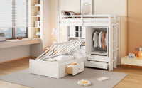 Twin Bunk Bed With Drawers, Wardrobe, Storage Shelves And Hydraulic Bed,White White Mdf Lvl