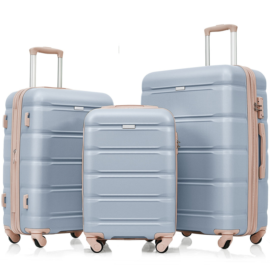 Luggage Set Of 3, 20 Inch With Usb Port, Airline Certified Carry On Luggage With Cup Holder, Abs Hard Shell Luggage With Spinner Wheels, Light Blue And Golden Light Blue Abs