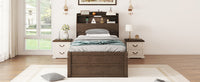 Twin Size Wooden Led Platform Bed With Trundle, With Storage Headboard, With Drawers, Brown Twin Brown Plywood