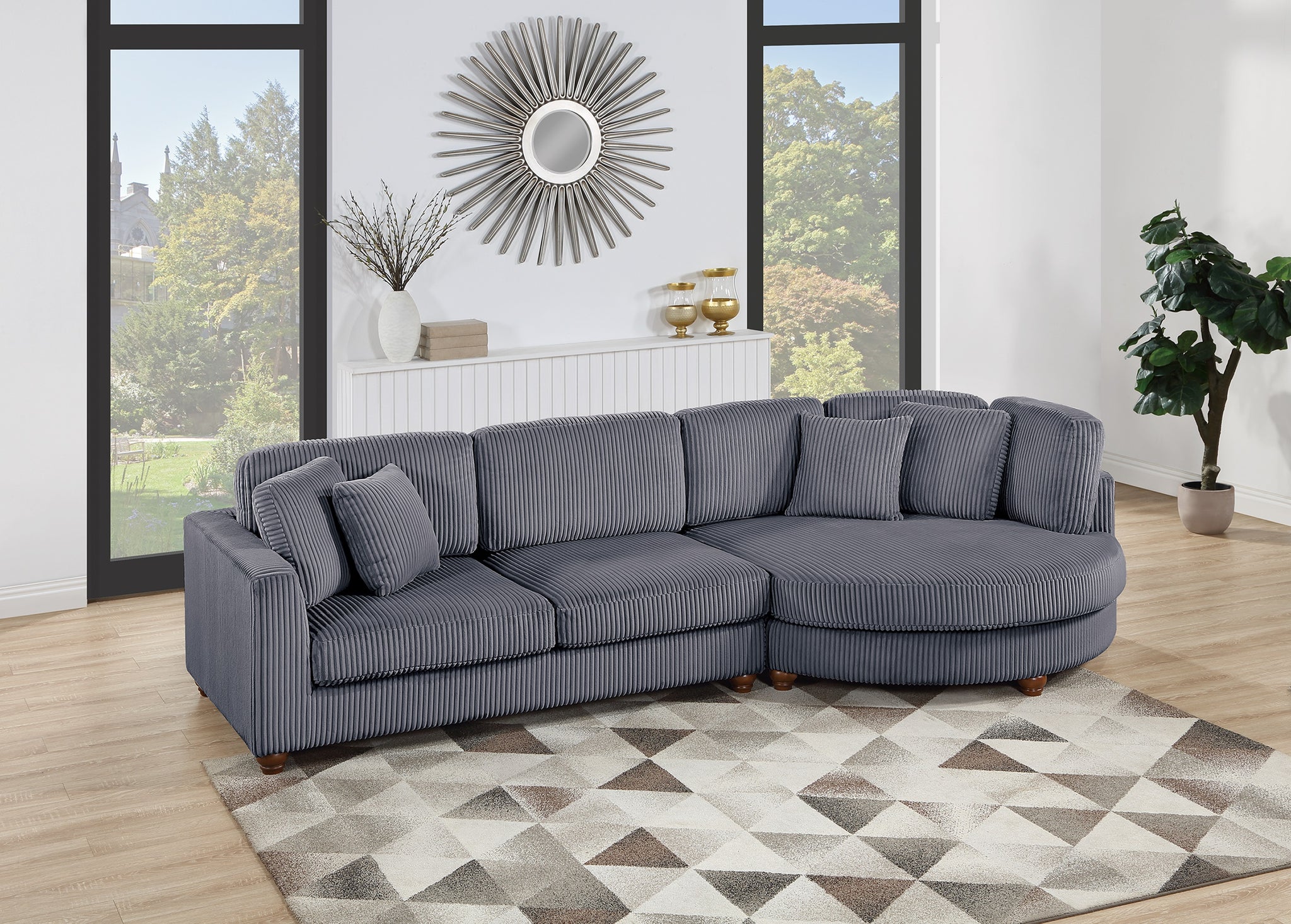 Contemporary 2Pc Sectional Set Xl Plush Corduroy Fabric Dark Gray Laf Sofa Raf Round Chaise W Pillows Living Room Couch Dark Gray Wood Primary Living Space Soft Cushion Back Contemporary,Modern L Shaped Rubberwood Corduroy 4 Seat