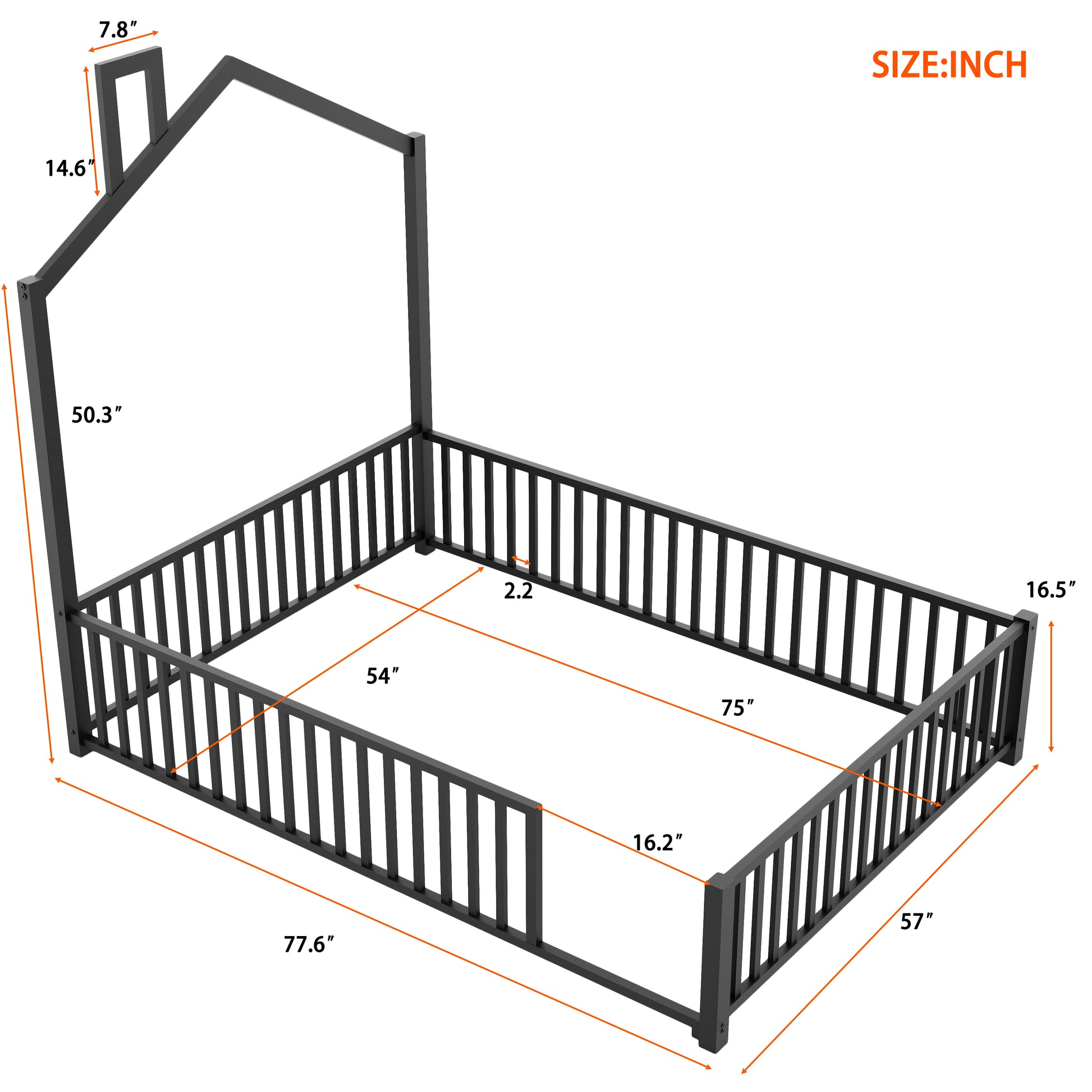 Full Size Metal House Platform Bed With Guardrail And Chimney, Black Box Spring Not Required Full Black Metal Metal