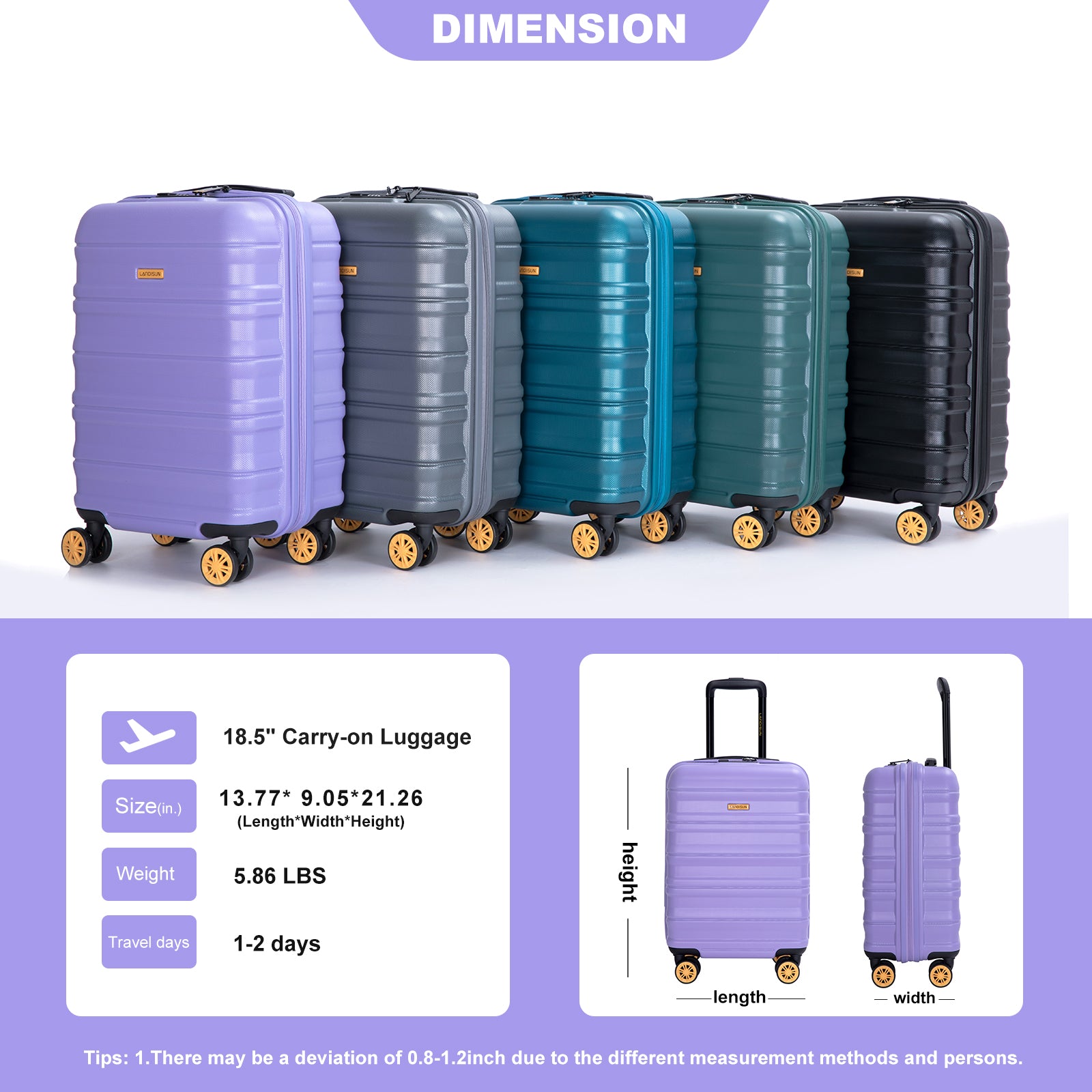 Carry On Luggage Airline Approved18.5" Carry On Suitcase With Tsa Approved Carry On Luggage With Wheels Carry On Bag Hard Shell Suitcases, Light Purple Light Purple Abs Pc