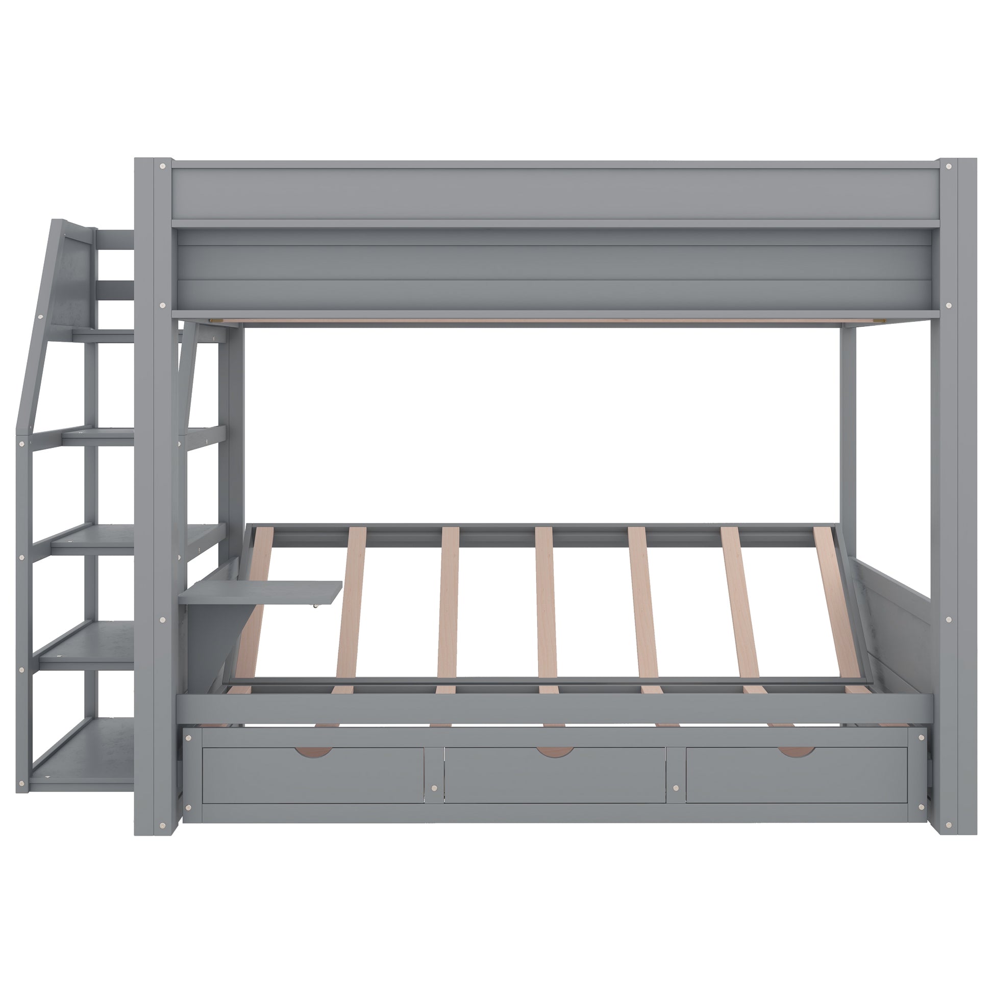 Wood Full Size Convertible Bunk Bed With Storage Staircase, Bedside Table, And 3 Drawers, Gray Gray Solid Wood Mdf