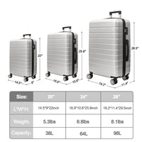 3 Piece Luggage Set Travel Lightweight Suitcases With Rolling Wheels,Tsa Lock & Abs Hard Shell ,Carry On Luggages For Business, Trip, 20 24 28 Silver Grey Abs