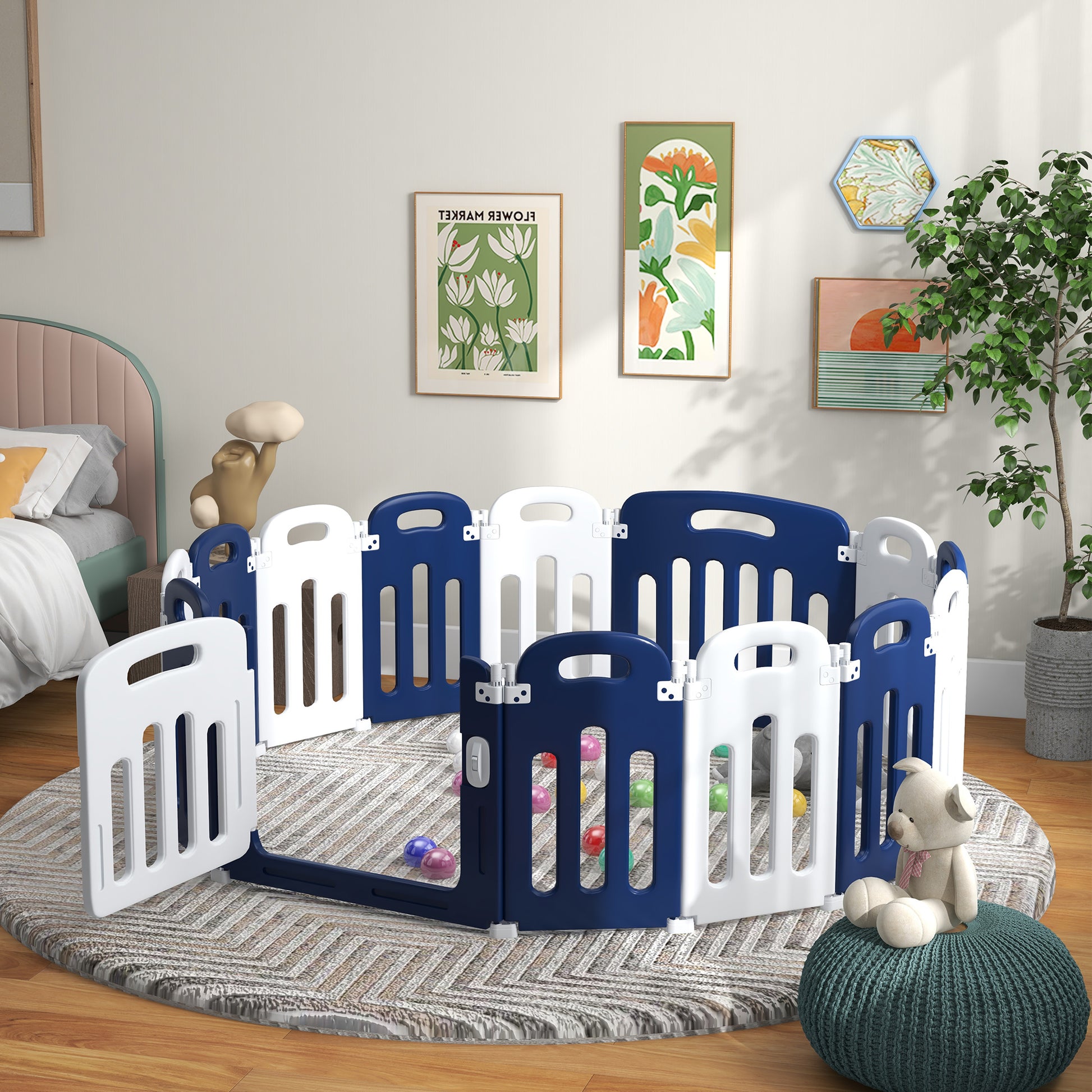 Qaba Baby Playpen, 14 Panels Sturdy Safety Play Yard For Babies And Toddlers, 57" X 57" Foldable Baby Playard, Indoor Outdoor Kids Activity Center With Anti Slip Base Blue Plastic