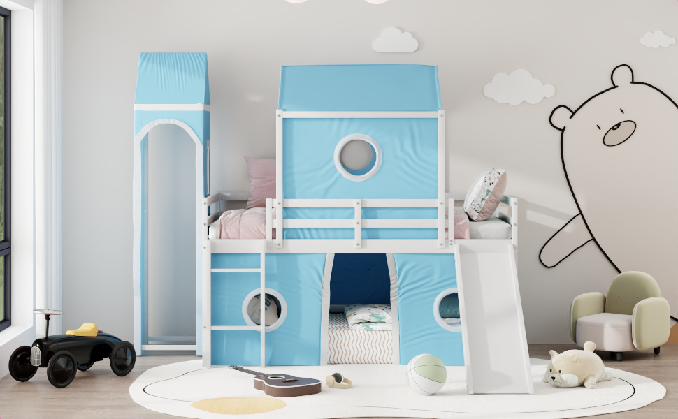 Twin Size Loft Bed With Slide Pink Tent And Tower Blue Old Sku:Wf298769Aac Twin Blue Solid Wood