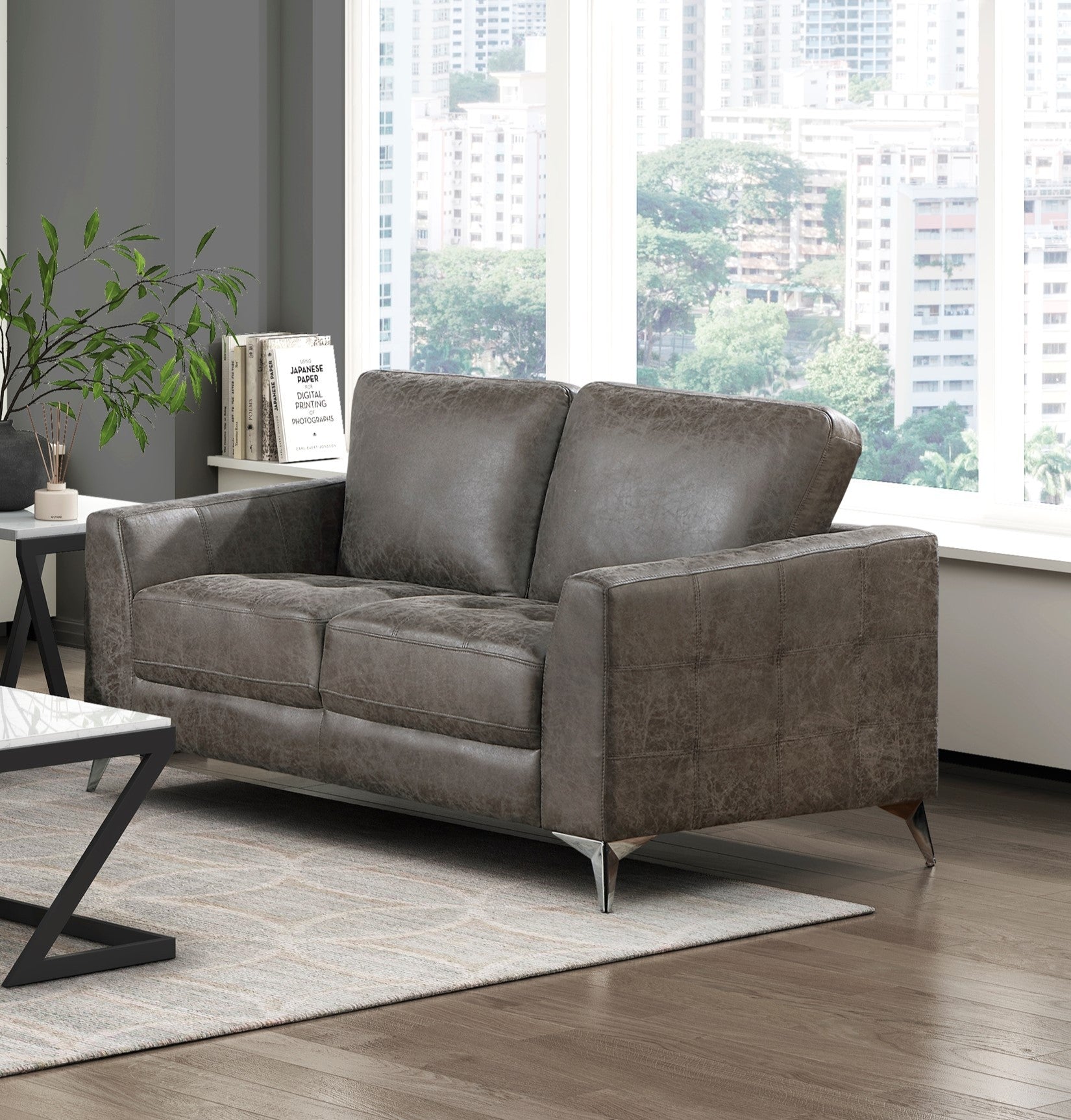 Brownish Gray Polished Microfiber Upholstery Elegant Modern Style Loveseat 1Pc Solid Wood Living Room Furniture Silver Finish Metal Legs Brown Microfiber Primary Living Space Modern Solid Wood