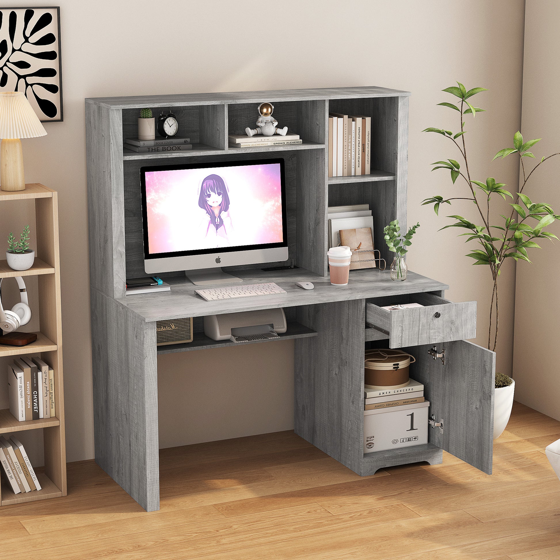 Computer Desk With Hutch & Bookshelf,Wood Executive Desk Teens Student Desk Writing Laptop Home Office Desk With Drawers,3 Ac Outlets And 2 Usb Charging Ports,Study Laptop Table For Home Gray Mdf