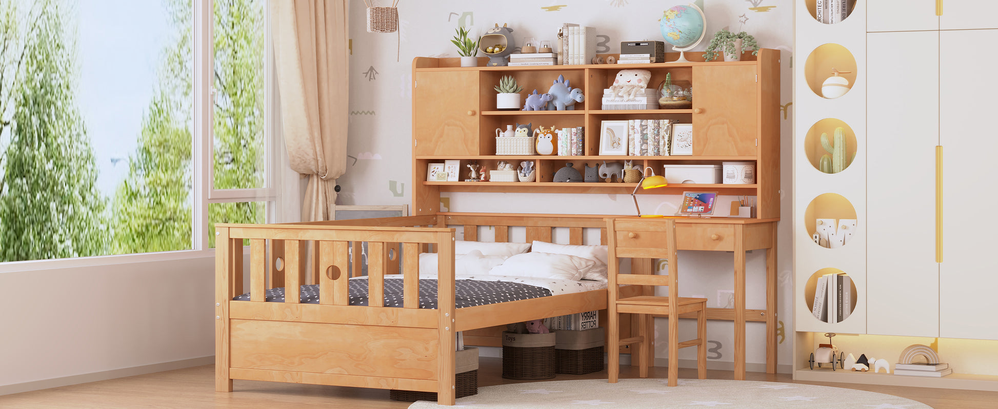 Twin Size Multifunctional Wood Platform Bed With Bookshelf At The Head Of The Bed, Built In Desk And Matching Chair, Natural Twin Natural Wood