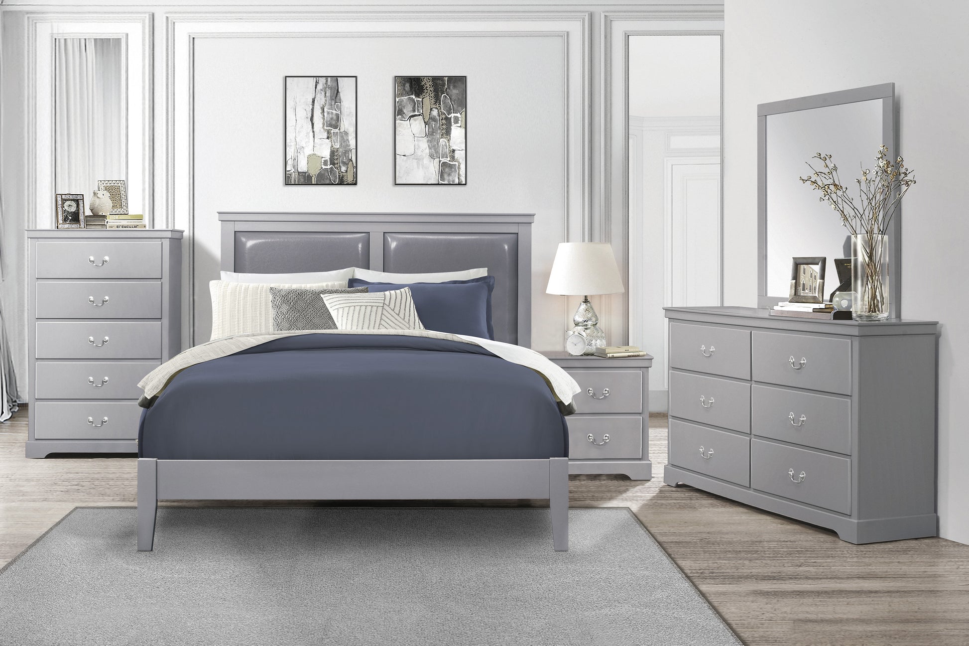 Classic Gray Finish Eastern King Size Panel Bed Upholstered Headboard Wooden Bedroom Furniture 1Pc Box Spring Required King Gray Wood Bedroom Panel Faux Leather Wood