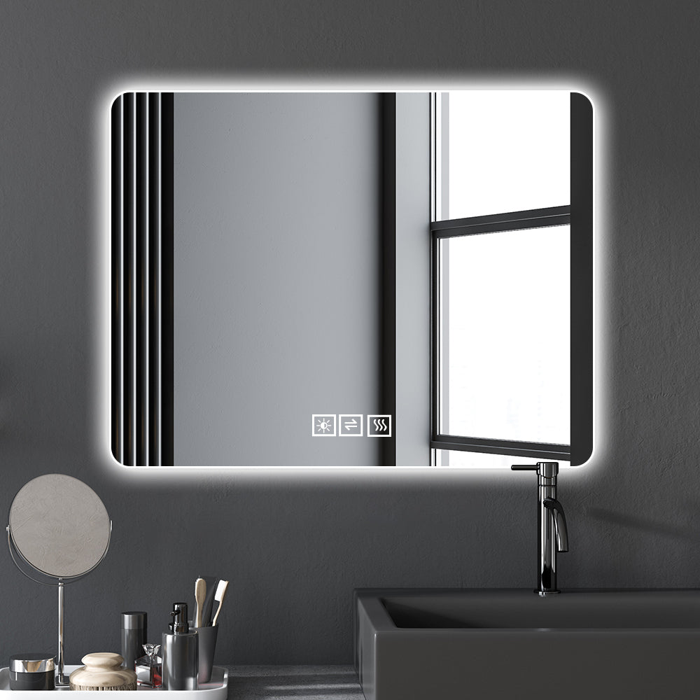 Bathroom Mirror With Led Lights Front And Backlit, Anti Fog Lighted Vanity Mirrors For Wall Mounted, 3 Colors And 5 Level Dimmable, Horizontal Vertical Clear Modern Glass