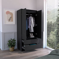 Armoire, Wardrobe Closet With Two Drawers, Hanging Rod, Black Black Solid Wood Mdf Engineered Wood