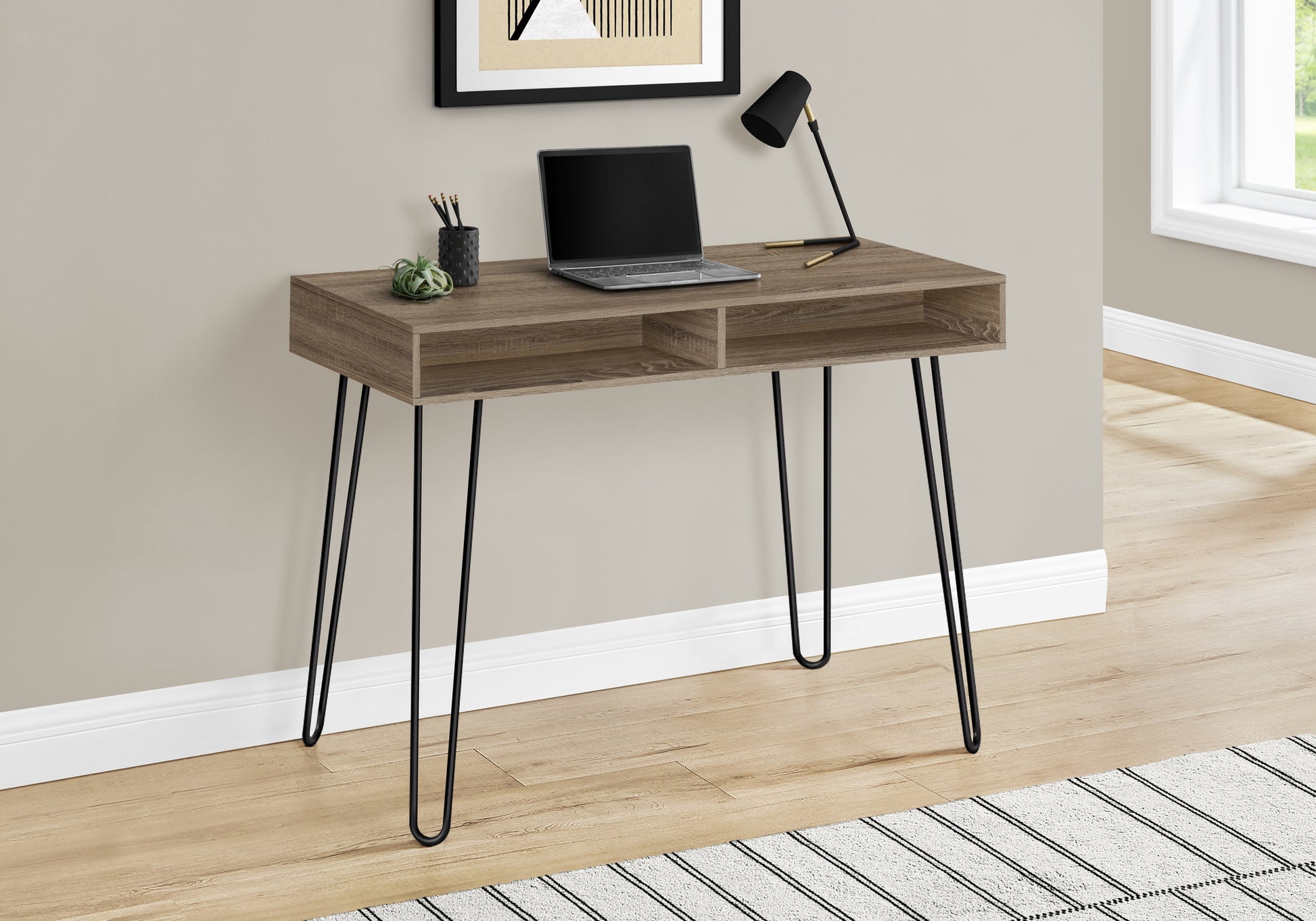 Computer Desk, Home Office, Laptop, Left, Right Set Up, Storage Drawers, 40"L, Work, Brown Laminate, Black Metal, Contemporary, Modern Taupe Particle Board