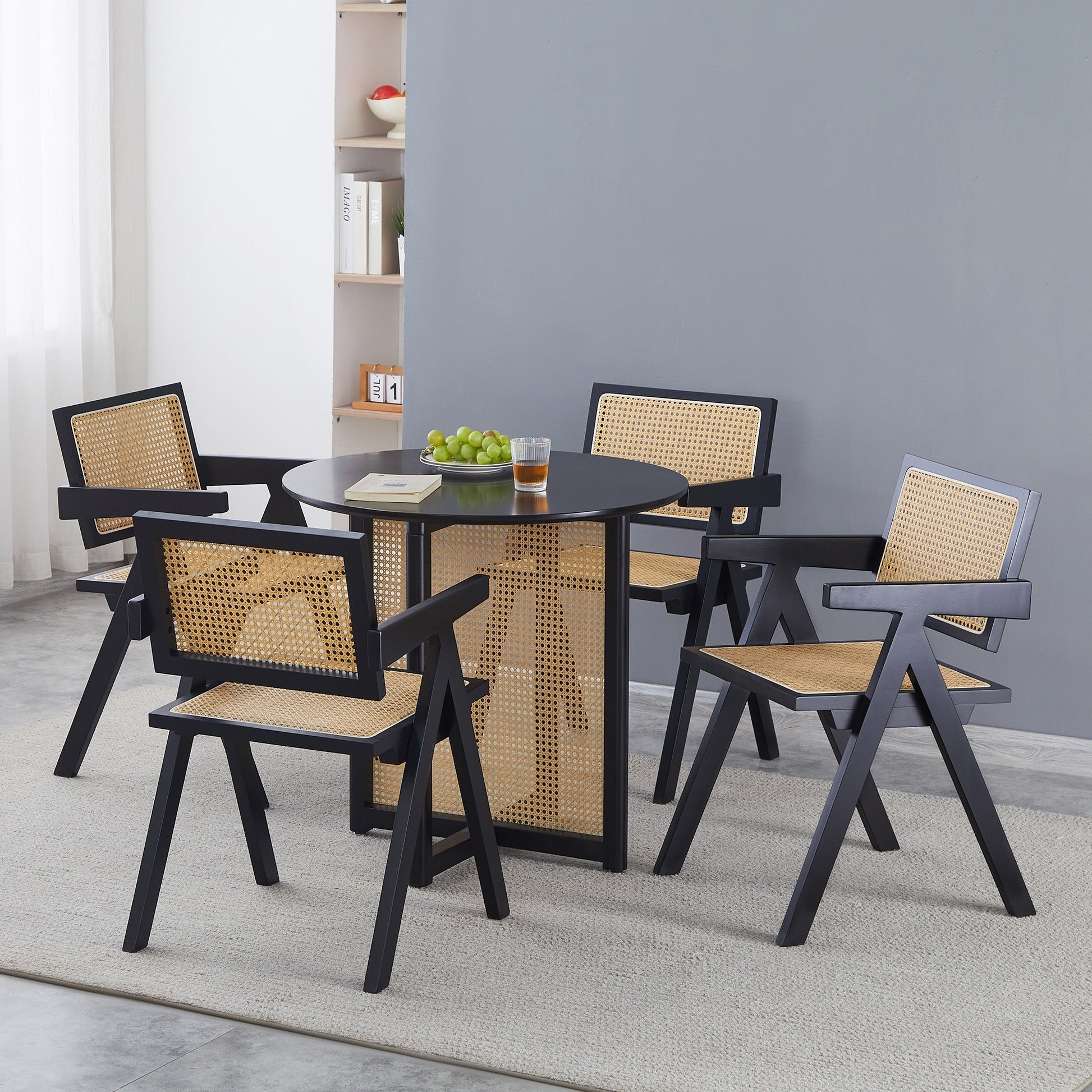 Black Solid Wood Round Table, All Solid Wood And Rattan Workman, Seats 2 4 People, Diameter 31.5 Inches Black Rubber Wood