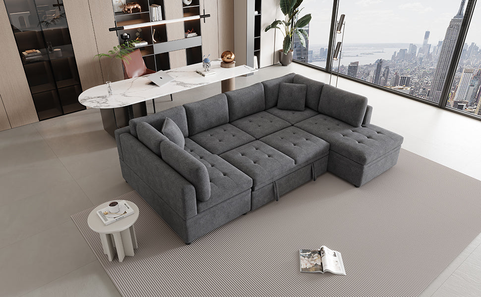 117.3" Oversized Sectional Sofa U Shaped Sofa Couch Pull Out Sofa Bed With Two Throw Pillows For Living Room, Gray Gray Foam Chenille 4 Seat