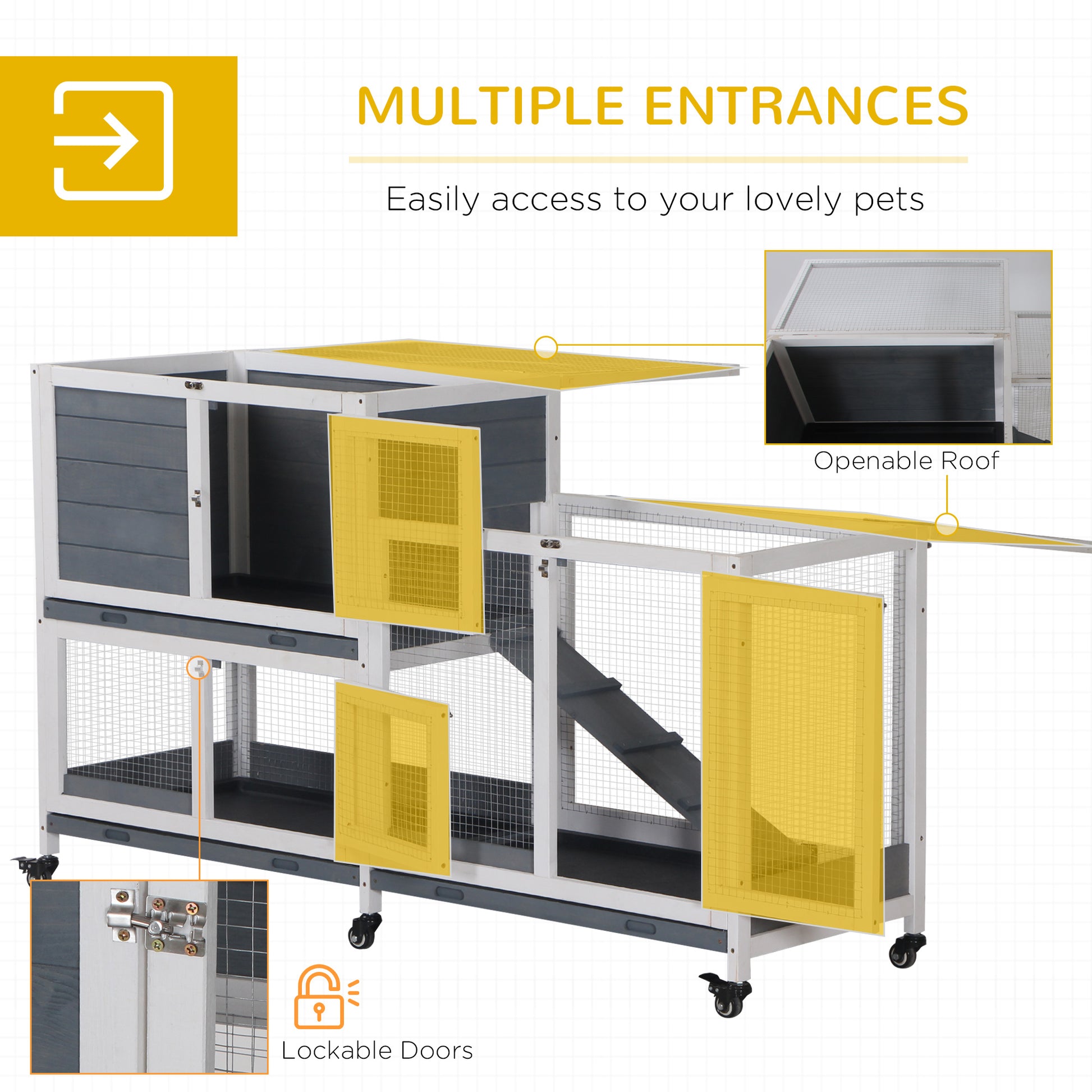 Pawhut Wooden Rabbit Hutch Bunny Hutch Elevated Pet House Cage Small Animal Habitat With No Leak Tray Lockable Door Openable Top For Indoor 57.75" X 18" X 32.5" Grey Grey White Wood