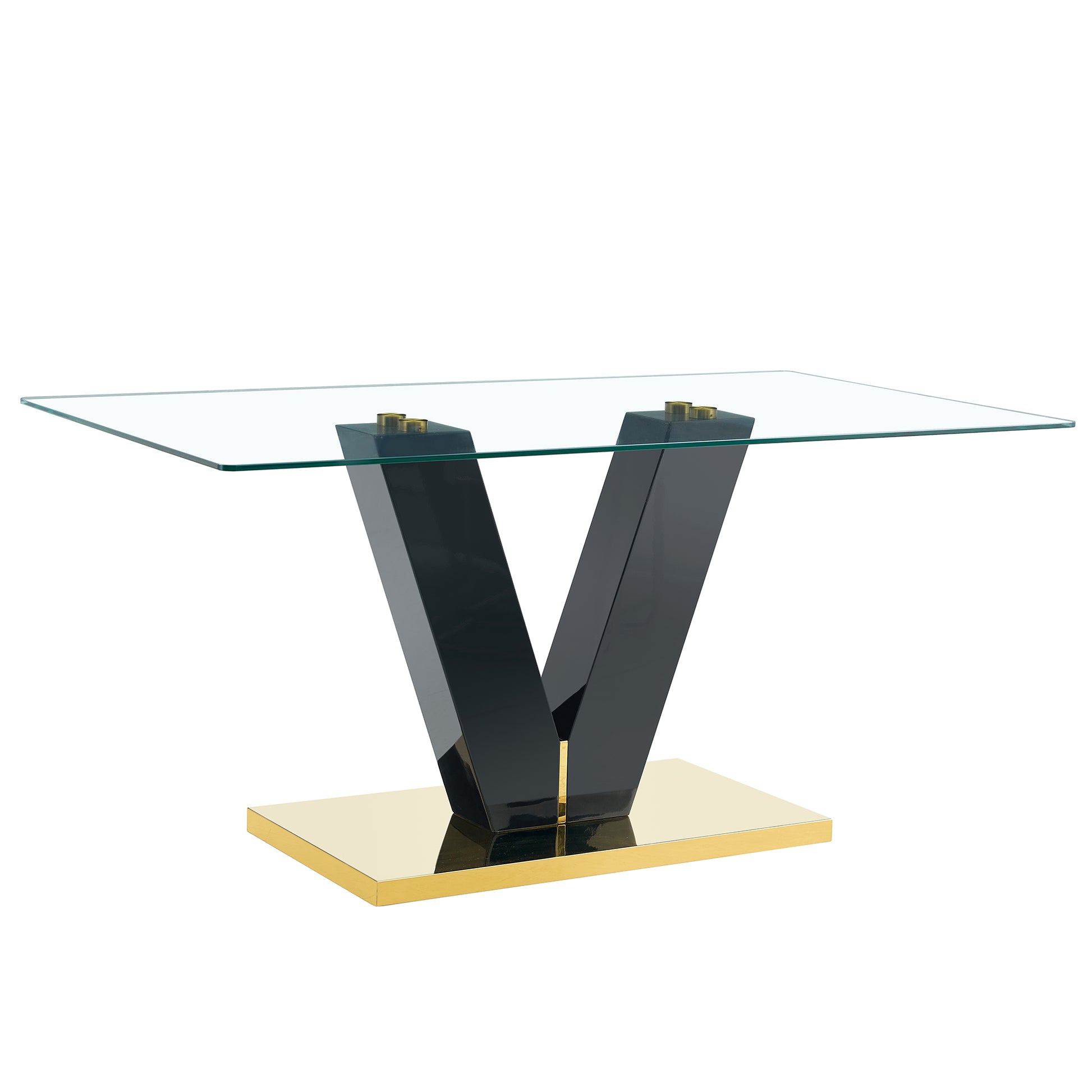 Large Modern Minimalist Rectangular Glass Dining Table For 6 8 With 0.4" Tempered Glass Tabletop And Mdf Slab V Shaped Bracket And Metal Base,For Kitchen Dining Living Meeting Room Banquet Hall F V Black Glass