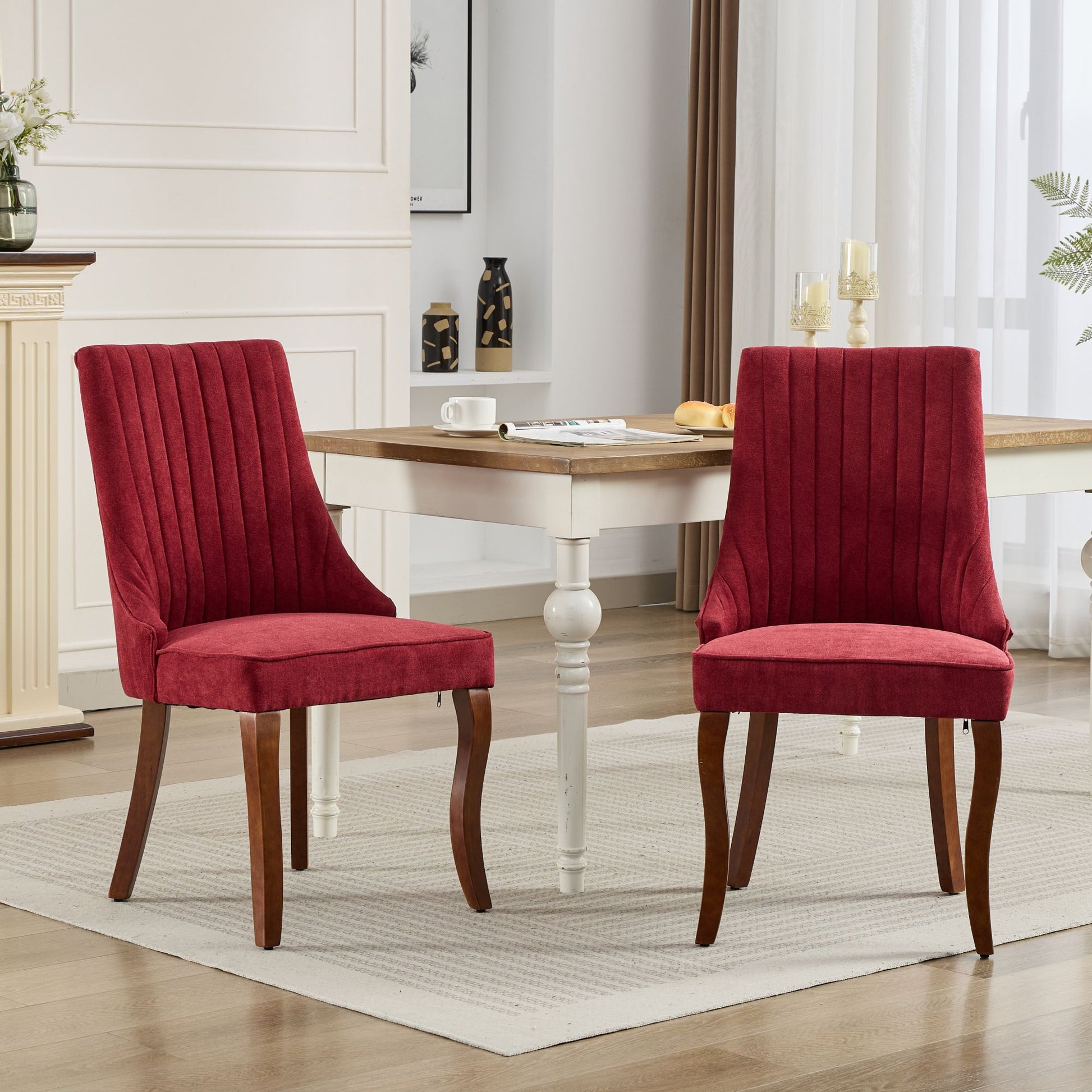 Rayon Cloth Flocking Linen Dining Chairs Channel Kitchen Dinner Chair Comfy Fabric Upholstered Accent Chair For Dining Room With Curved Solid Wood Legs,Set Of 2 Wine Red , Sw1847Wr Wine Red Light