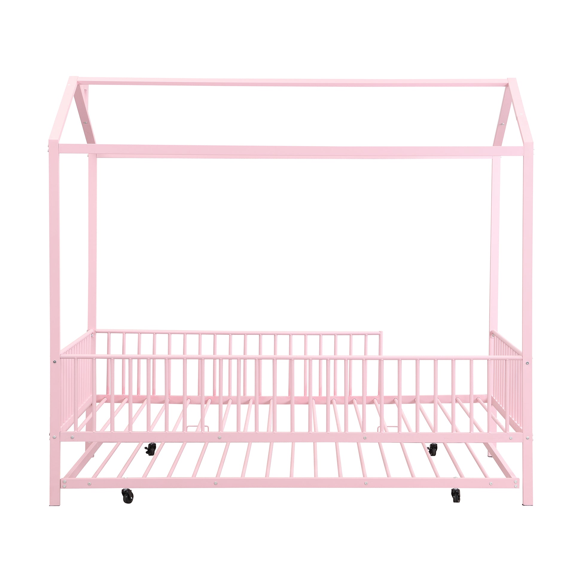 Twin Size Metal House Bed With Fence, With Trundle, Pink Expected Arrival Time: 10.18 Twin Pink Metal