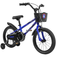 C16111A Kids Bike 16 Inch For Boys & Girls With Training Wheels, Freestyle Kids' Bicycle With Bell,Basket And Fender. Blue Steel