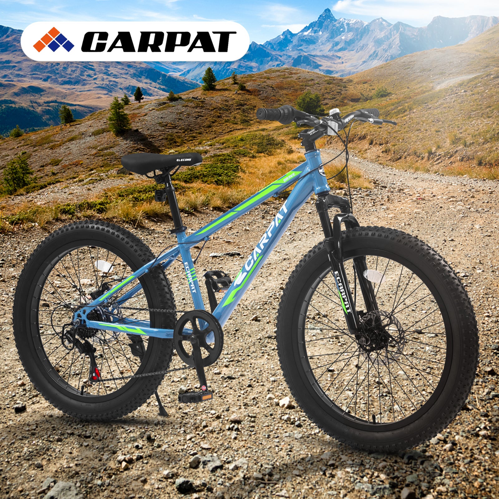 S24109 Elecony 24 Inch Fat Tire Bike Adult Youth Full Shimano 7 Speeds Mountain Bike, Dual Disc Brake, High Carbon Steel Frame, Front Suspension, Mountain Trail Bike, Urban Commuter City Bicycle Cycling Blue Green Without Anti Slip Garden & Outdoor