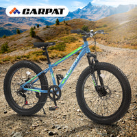 S24109 Elecony 24 Inch Fat Tire Bike Adult Youth Full Shimano 7 Speeds Mountain Bike, Dual Disc Brake, High Carbon Steel Frame, Front Suspension, Mountain Trail Bike, Urban Commuter City Bicycle Cycling Blue Green Without Anti Slip Garden & Outdoor