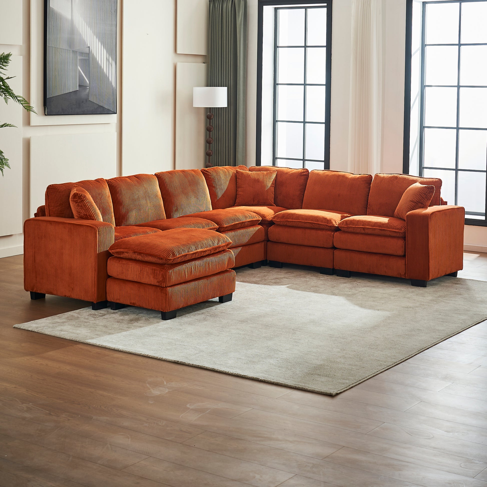 Modern U Shaped 6 Seat Sectional Sofa Couch With One Ottoman And Three Toss Pillows ,Modular Sofa For Living Room,Corduroy Sofa Orange Corduroy 7 Seat