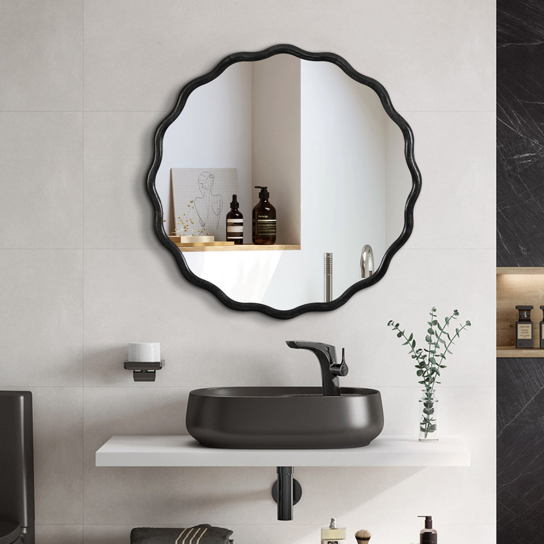 Solid Wood Wavy Mirror Black Vanity Mirror Wall Decor 36" X 36" Modern Mirror Wall Decor For Bathroom, Bedroom, Living Room, Dining Room, Cloakroom, Entryway Oval Or Circle Framed Black Living Room Large 33In 40In Glass Solid Wood