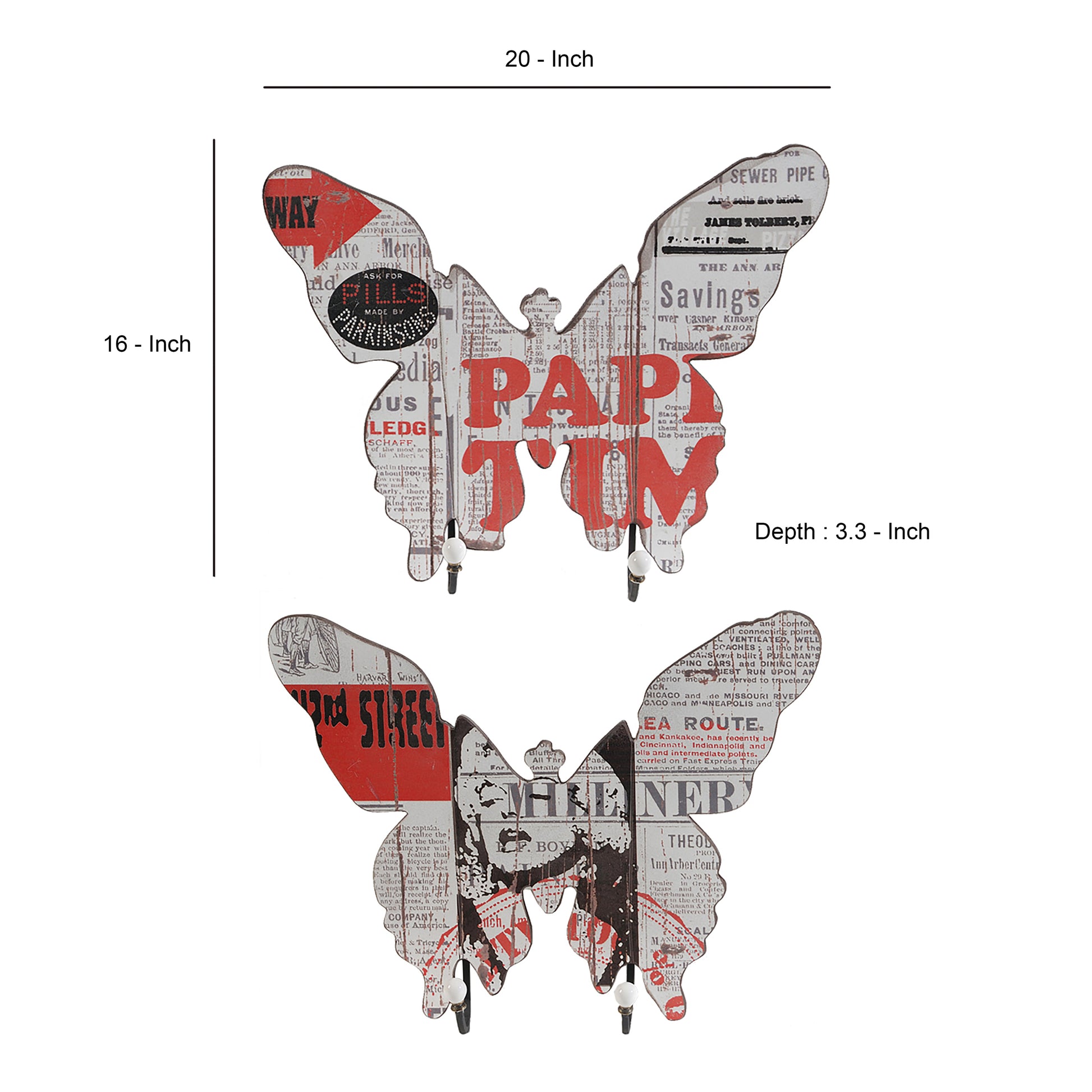 Butterfly Shaped Newspaper Print Wall Decor, Set Of 2, Multicolor Multicolor Wood Metal