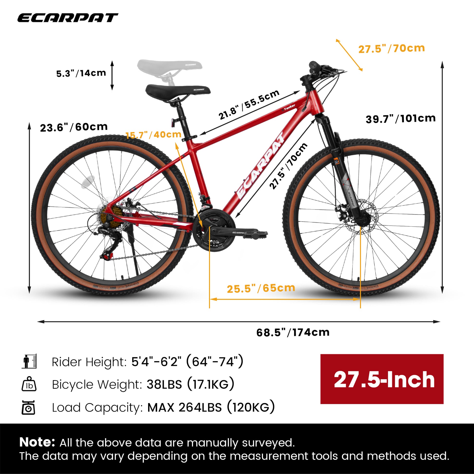 A27312 Ecarpat Mountain Bike 27 Inch Wheels, 21 Speed Mens Womens Trail Commuter City Mountain Bike, Aluminium Frame Disc Brakes Thumb Shifter Front Fork Bicycles Red Steel