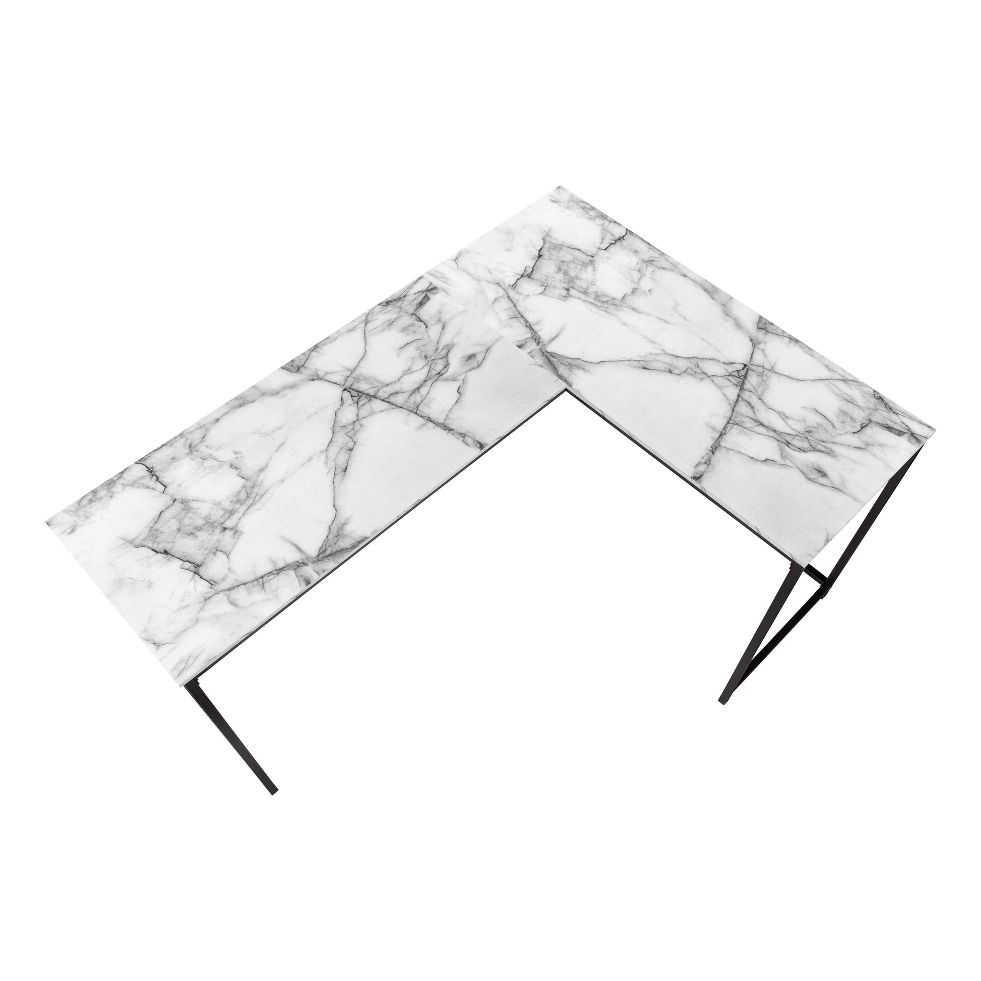 Computer Desk, Home Office, Corner, 58"L, L Shape, Work, Laptop, White Marble Look Laminate, Black Metal, Contemporary, Modern White Particle Board