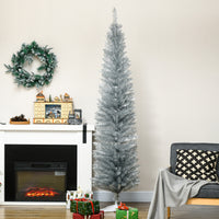 Homcom 7' Artificial Pencil Christmas Tree, Slim Xmas Tree With 499 Realistic Branch Tips And Plastic Stand, Silver Silver Plastic