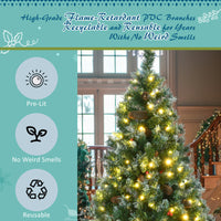 6Ft Dark Green Pine Christmas Tree, Pre Lit Set With Tree & Garland & Wreath, Hinged Artificial Xmas Tree With White Tips, Red Berries And Pine Cones, 11 Colorful Modes, Indoor Holiday Decoration Green Pvc