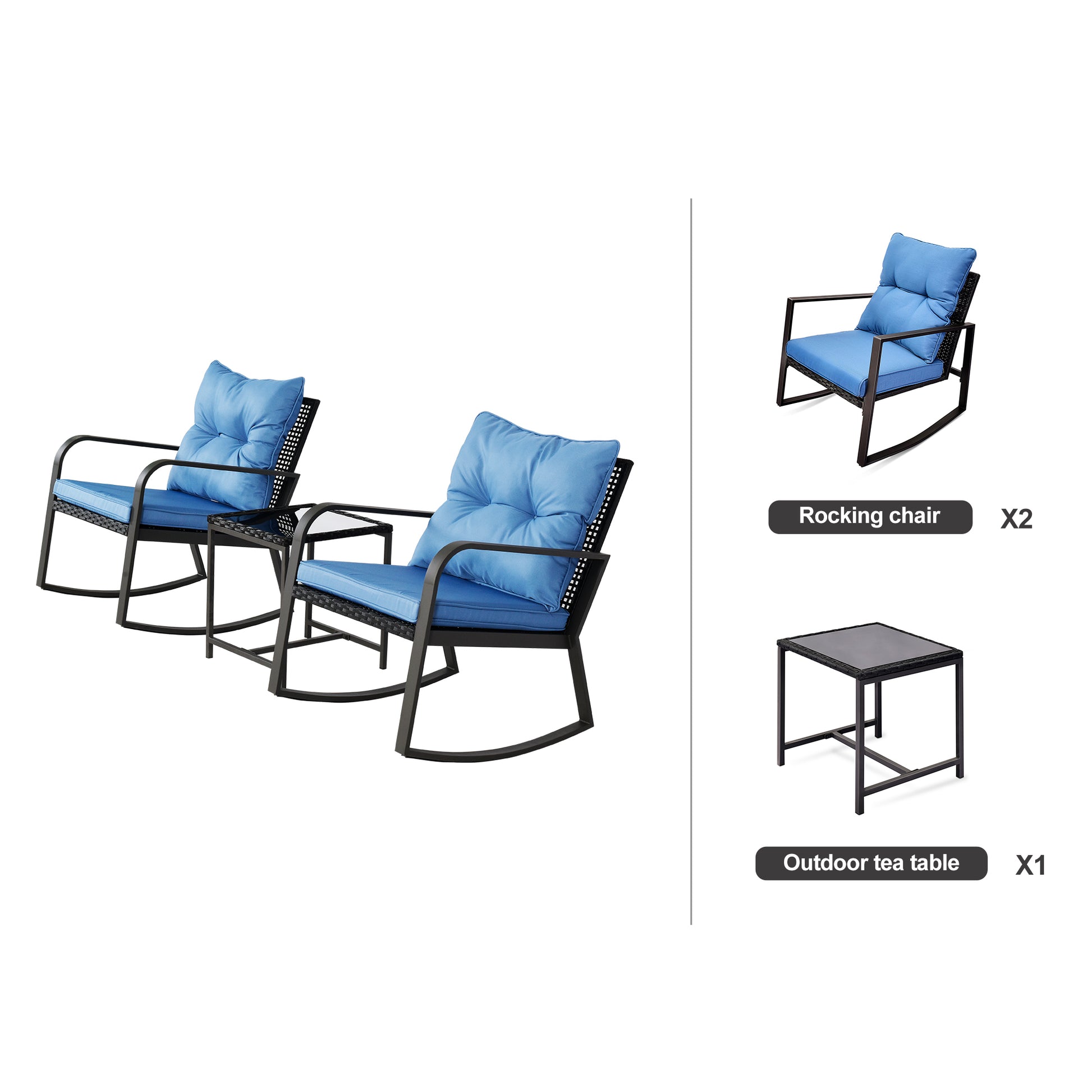 3 Pieces Patio Bistro Set Outdoor Rocking Chair W Blue Cushion For Yard Garden Poolside Yes Dining Set Blue Seats 2 Weather Resistant Frame Water Resistant Cushion Garden & Outdoor Modern 2 Person Seating Group Iron