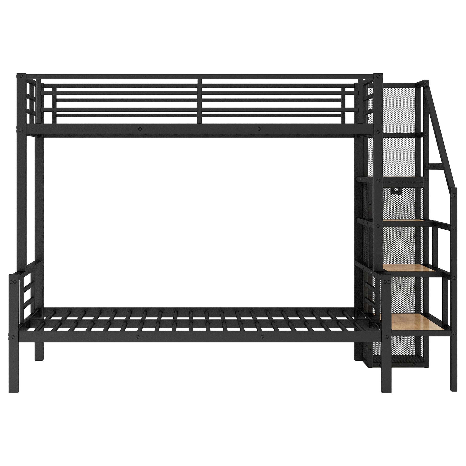 Twin Over Full Size Metal Bunk Bed With Storage Staircase And Open Wardrobe,Black Expected Arrival Time:11.15 Black Mdf Metal