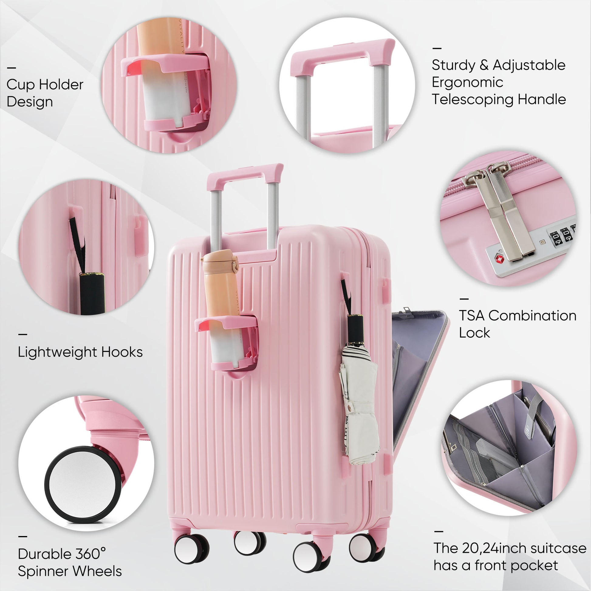 Luggage Set Of 4 With Usb Port, 20, 24Inch With Front Opening Design Airline Certified Carry On Luggage With Cup Holder, Abs Hard Shell Luggage With Expandable Travel Bag, Pink Pink Abs