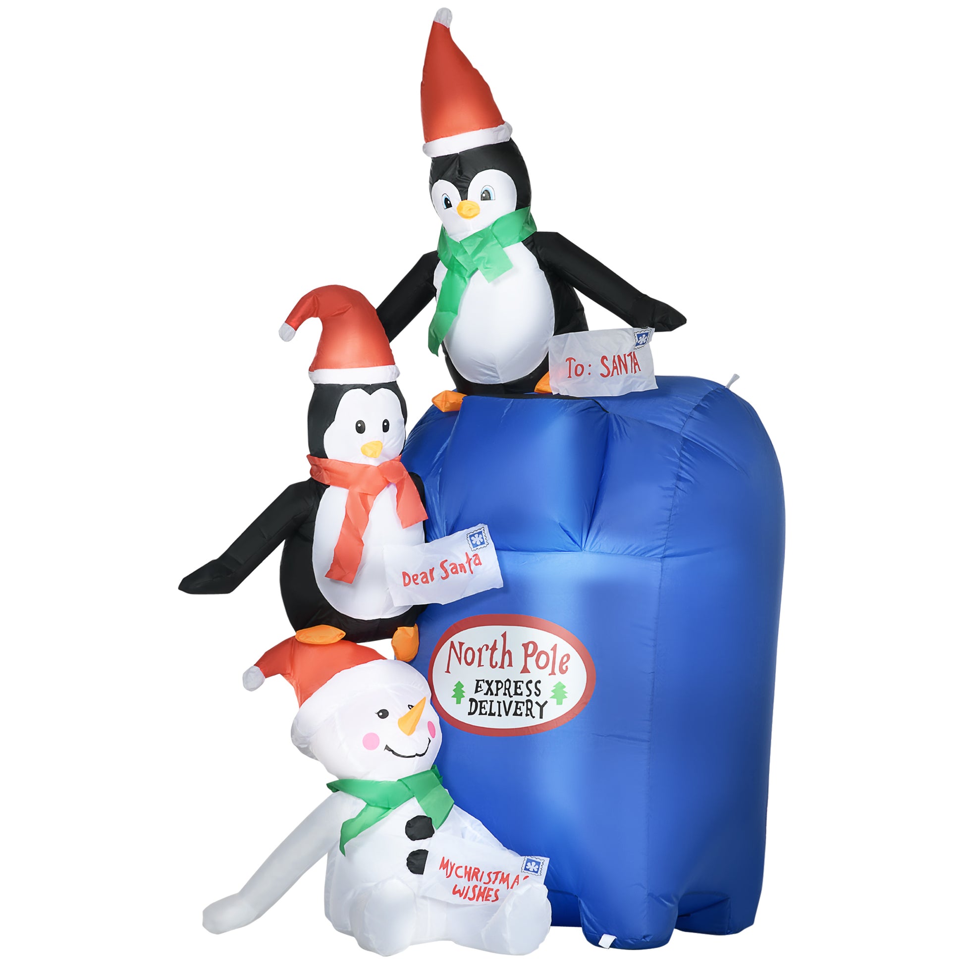 Homcom 6Ft Christmas Inflatables Outdoor Decorations North Pole Mailbox With Penguins And Snowman, Blow Up Yard Christmas Decor With Led Lights Display Multicolor Polyester