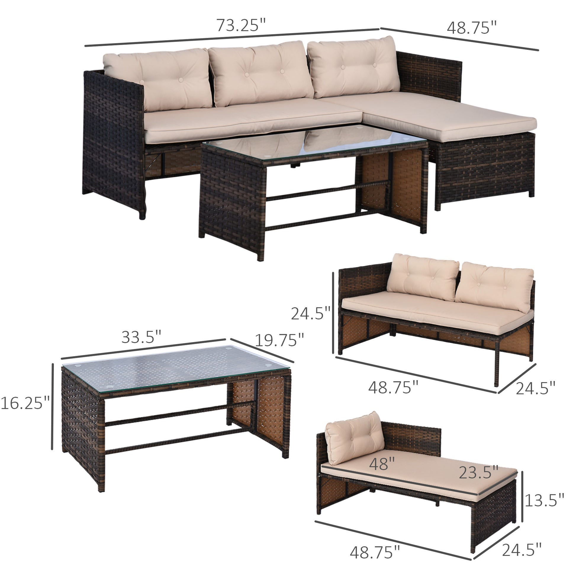 Outsunny 3 Piece Patio Furniture Set, Rattan Outdoor Sofa Set With Chaise Lounge & Loveseat, Soft Cushions, Tempered Glass Table, L Shaped Sectional Couch, Beige Beige Rattan Metal