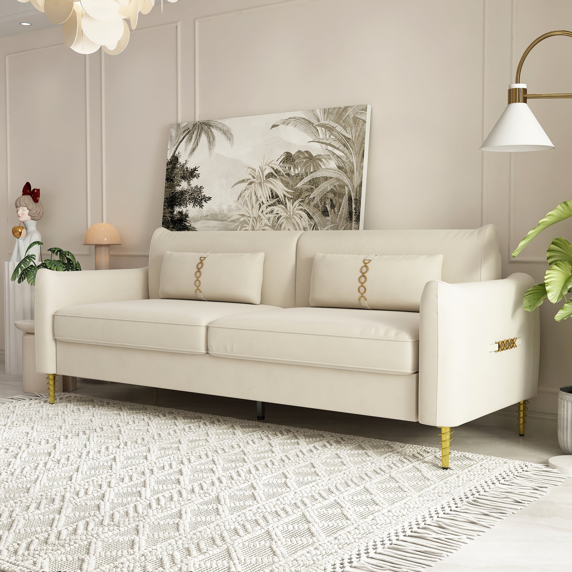 Fx P19 Be Sofa Beige Modern Velvet Couch With Gold Legs 85.83Inch With Pillows Beige Velvet 2 Seat